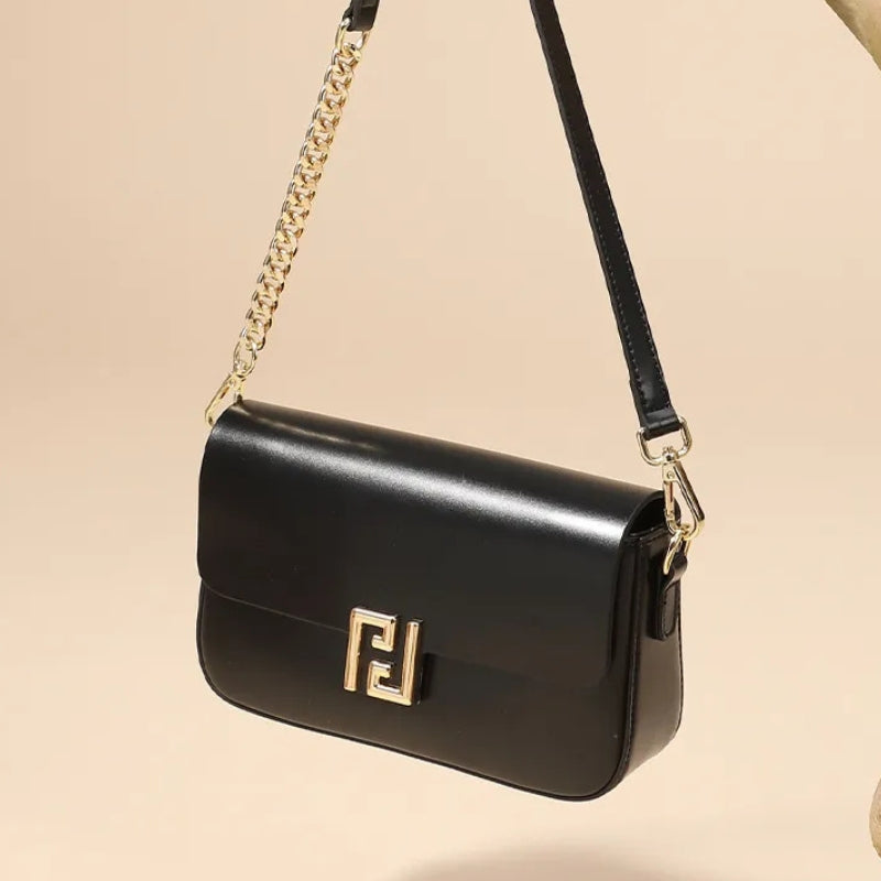 Genuine Leather Chain Flap Shoulder Bag - Cowhide Leather Lock Clasp Purse