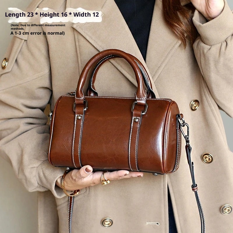 Cortex Lady Casual Zip Crossbody Bag - Top Grain Leather Cylinder Bag