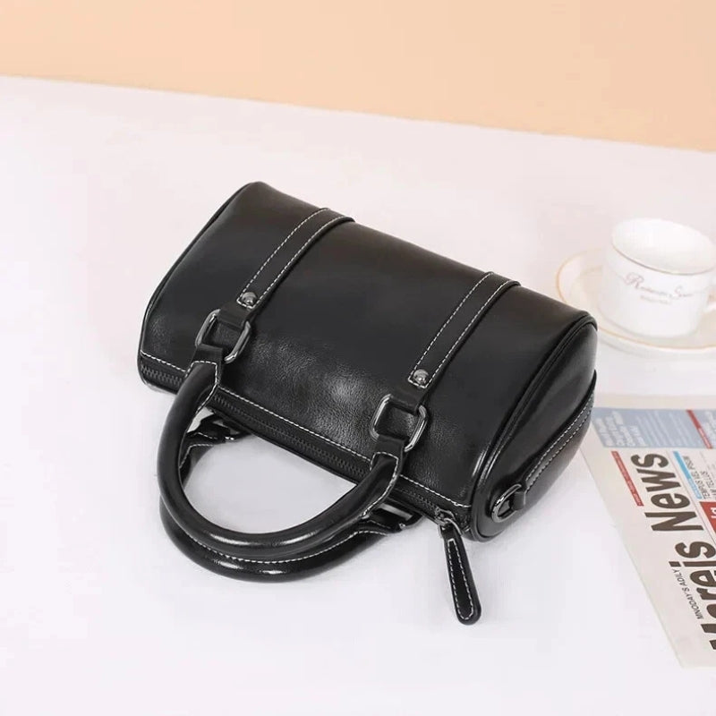 Cortex Lady Casual Zip Crossbody Bag - Top Grain Leather Cylinder Bag