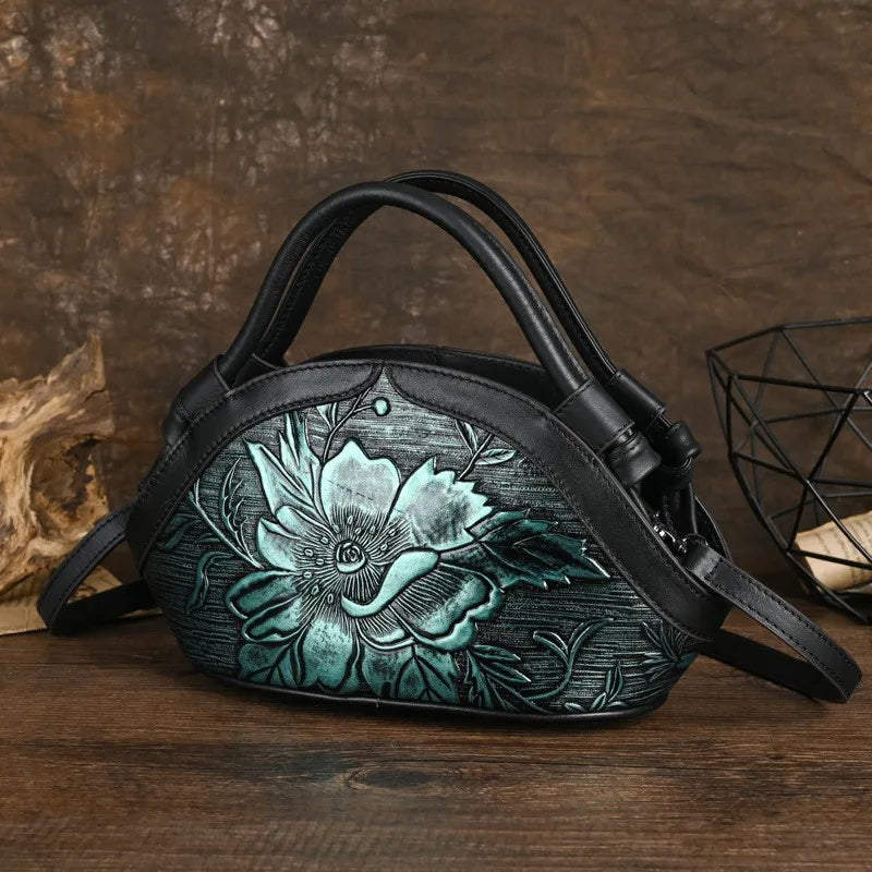 Women's Vintage Genuine Leather Handbag - Embossed Handmade Shoulder Bag