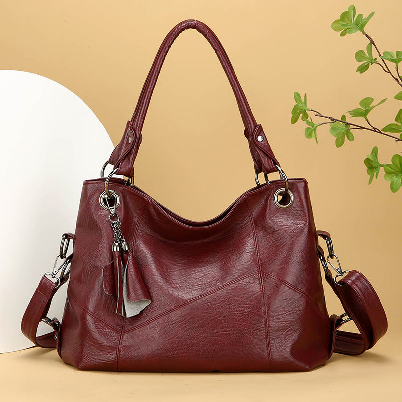 Large Capacity Soft Leather Stitching Handbag - American Retro Square Bag
