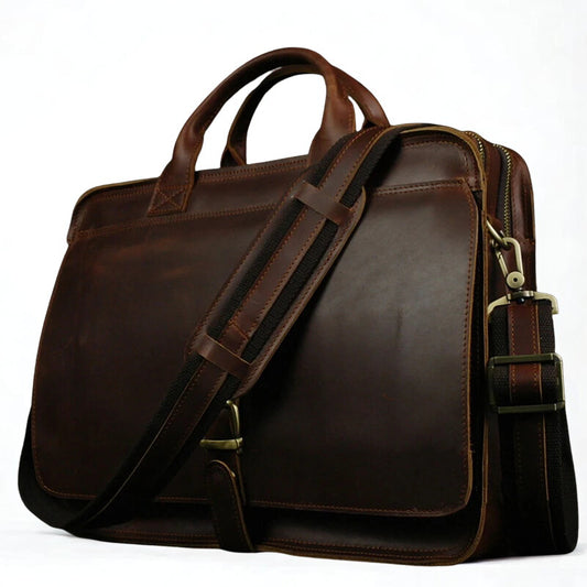 Luxury Leather Business Briefcase - Men Shoulder Portfolio Laptop Bag