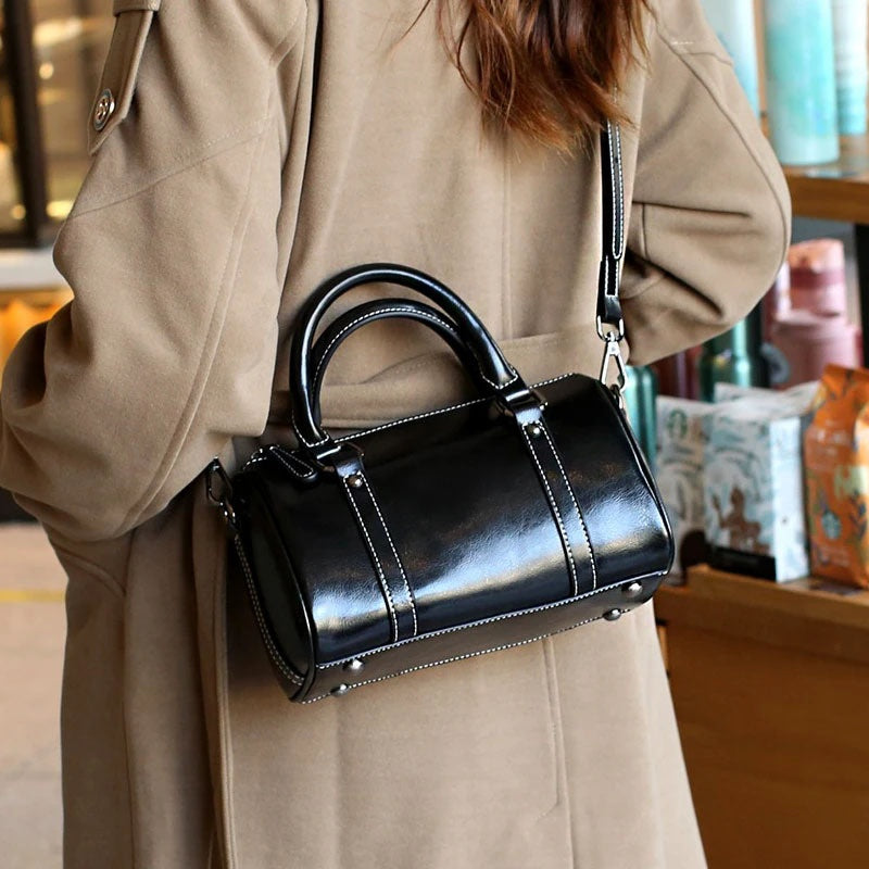 Cortex Lady Casual Zip Crossbody Bag - Top Grain Leather Cylinder Bag