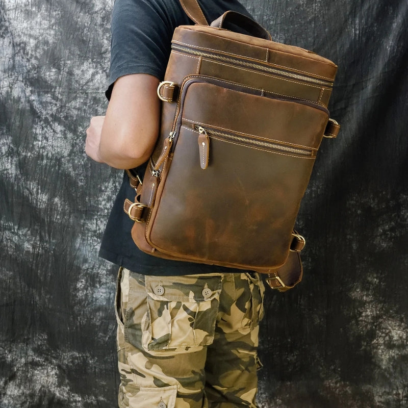 Vintage Crazy Horse Genuine Leather Backpack - Laptop Rucksack Student Bag