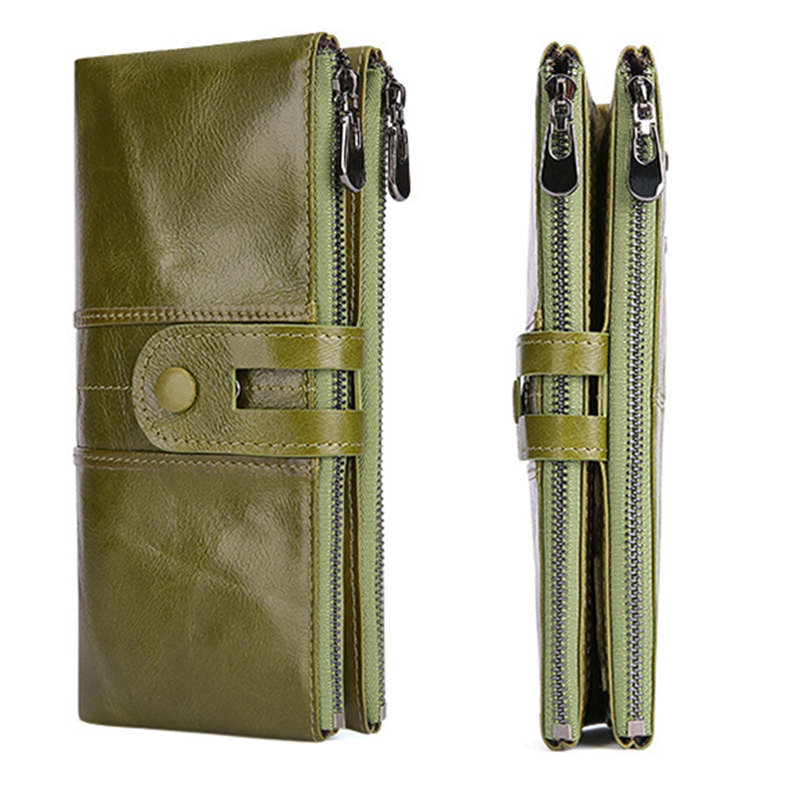 Women Genuine Cowhide Leather Clutch Wallet - Long Zipper Purse with Snap Button Closure