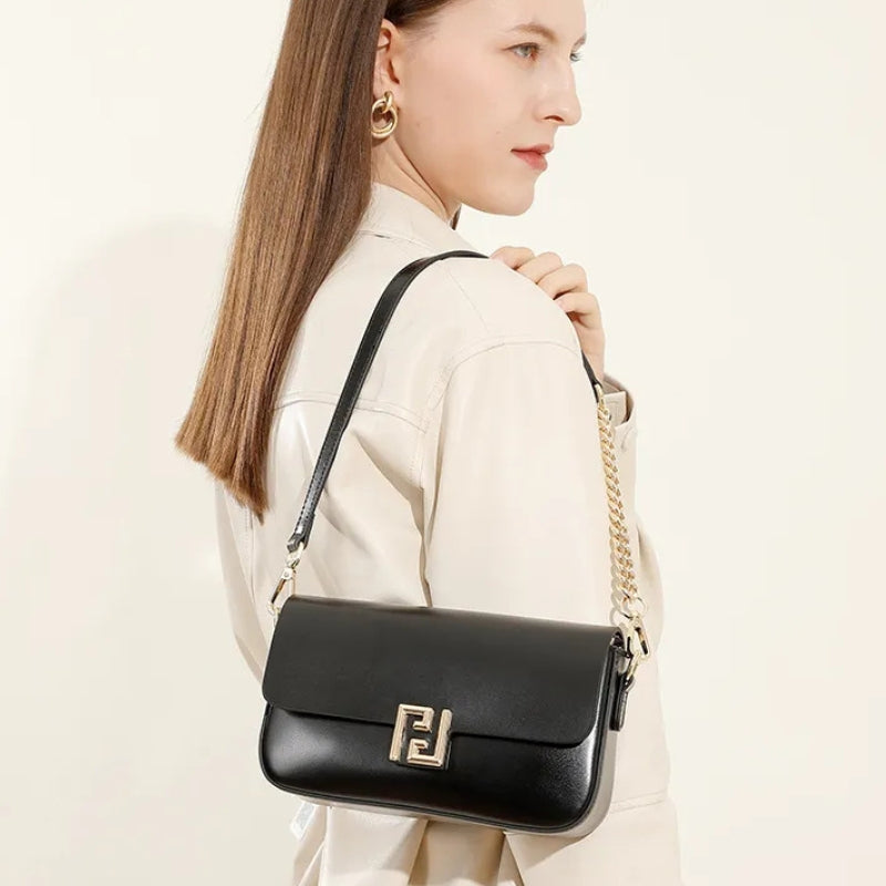 Genuine Leather Chain Flap Shoulder Bag - Cowhide Leather Lock Clasp Purse