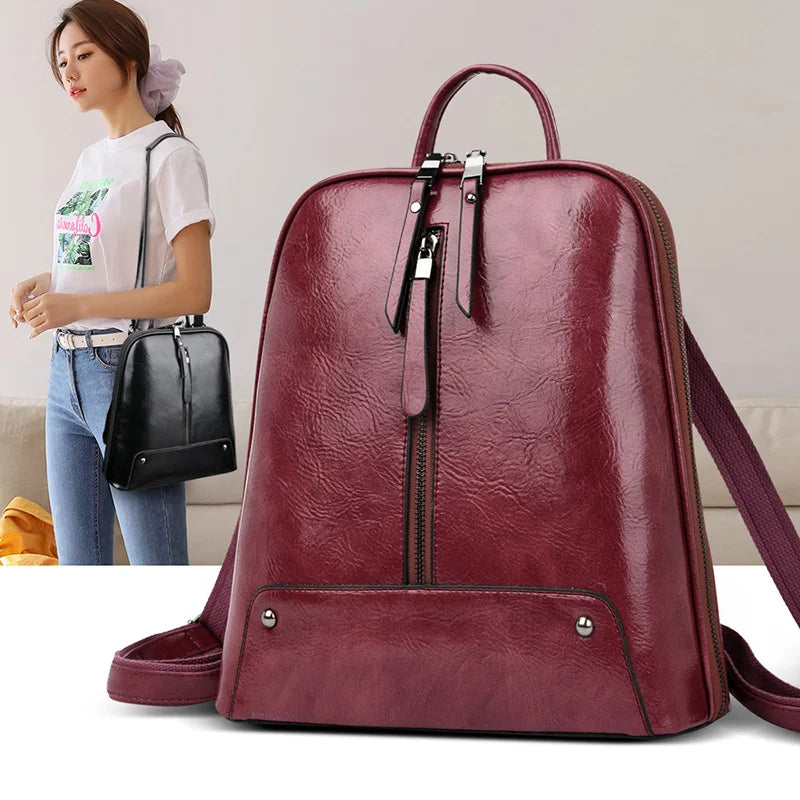 Large Capacity Women's Leather Backpack - Fashion Travel Bag