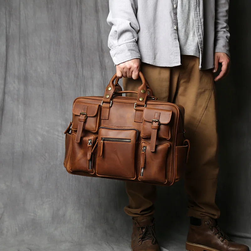 Top Layer Cowhide Retro Men's Leather Briefcase - Large Capacity Handbag Bag