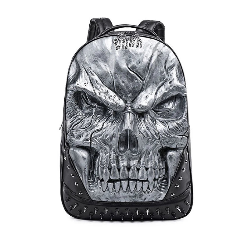 3D Embossed Skull Backpack Laptop Bag with Studs & Waterproof Protection in Silver