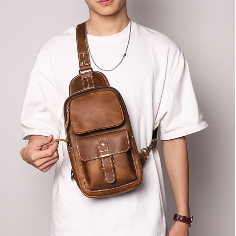 European and American Men's Crazy Horse Leather Crossbody Chest Bag