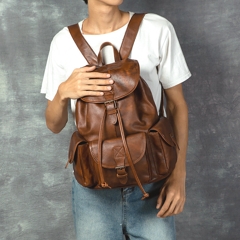 Geometric Pattern Genuine Leather Retro Backpack - Casual Soft Leather Hiking Bag
