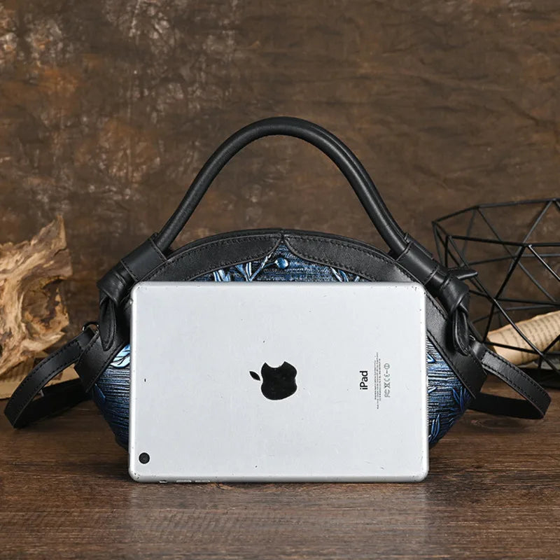 Women's Vintage Genuine Leather Handbag - Embossed Handmade Shoulder Bag