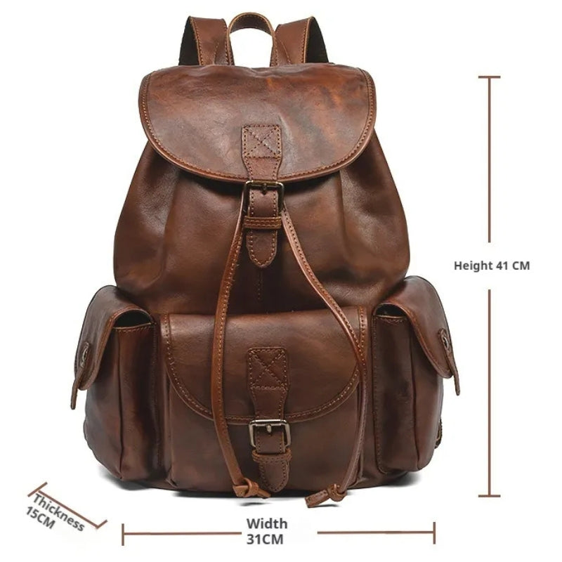 Geometric Pattern Genuine Leather Retro Backpack - Casual Soft Leather Hiking Bag