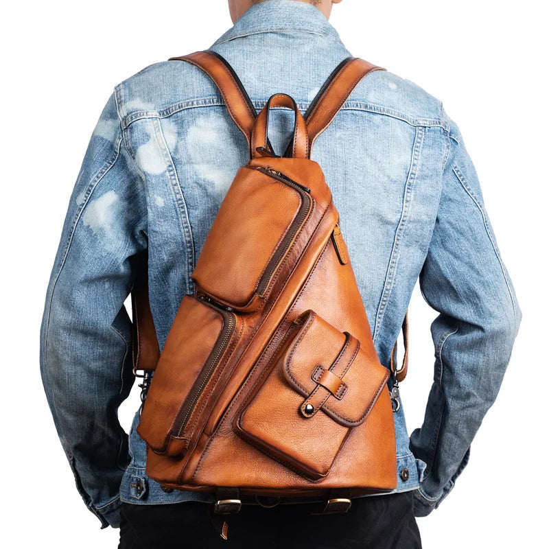Genuine Leather Rucksack Travel Casual Retro Bag - Men Real Cowhide Zipper Backpacks