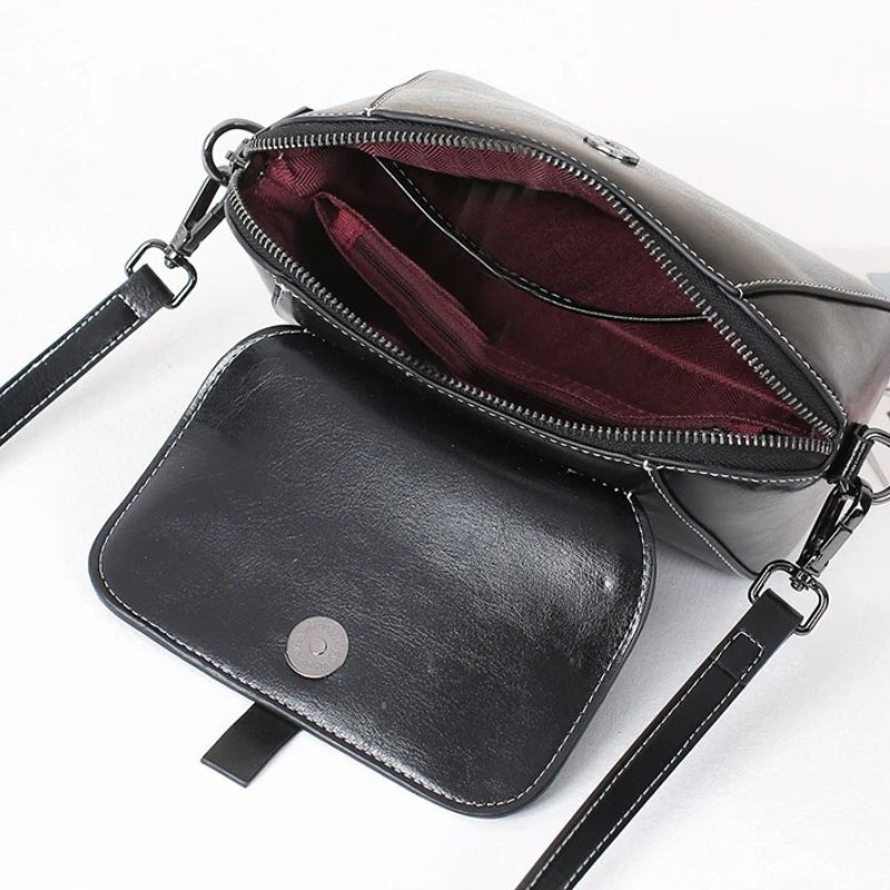 Oil Wax Cowhide Leather Crossbody Bag - Fashionable Versatile Shoulder Shell Handbag