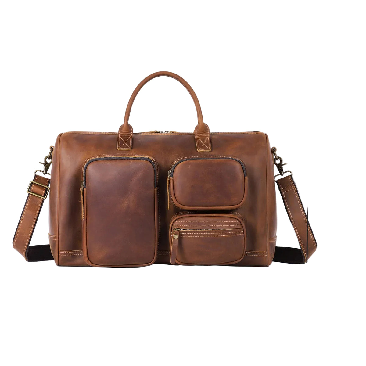 A brown leather duffel bag with multiple front pockets, top handles, and an adjustable shoulder strap, shown on a white background with overlaid dimension lines and measurements: 48CM/18.9inch width, 34CM/13.