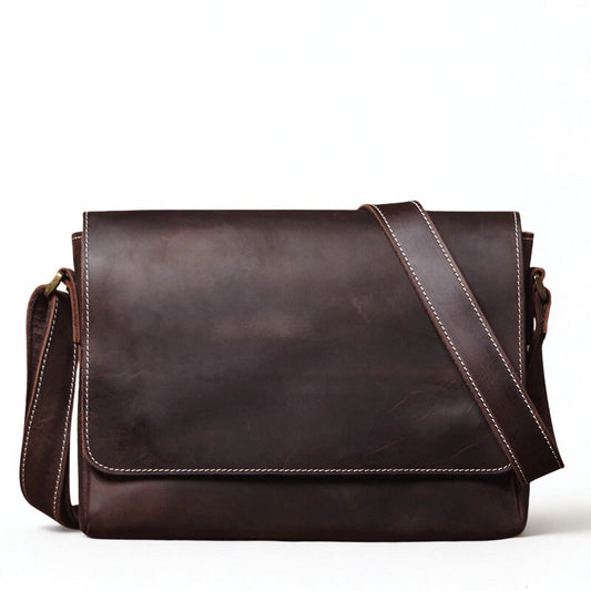 Crazy Horse Leather Messenger Bag - Men's Vintage Flap Crossbody Bags