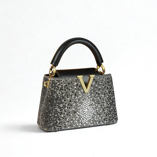 Genuine Leather V Letter Small Crossbody Bag - Diamonds Luxury Messenger Shell Bags