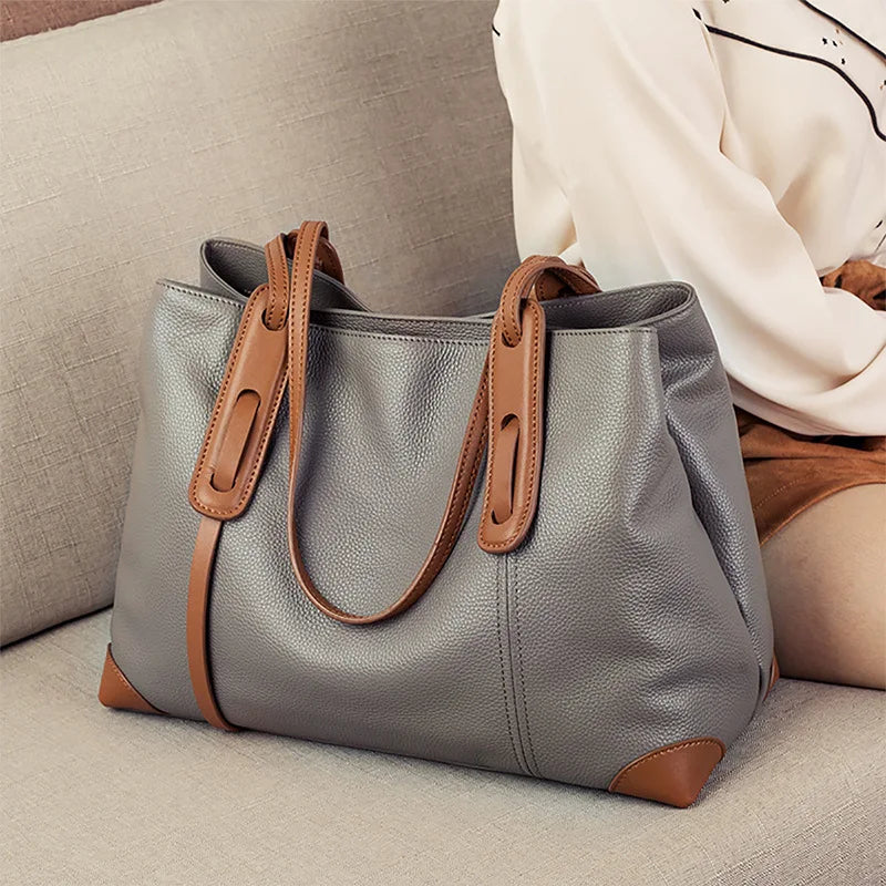 Luxury Soft Cowhide Leather Tote Bag - Women's Shoulder Handbag
