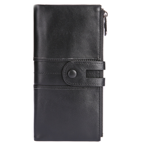 Women Genuine Cowhide Leather Clutch Wallet - Long Zipper Purse with Snap Button Closure