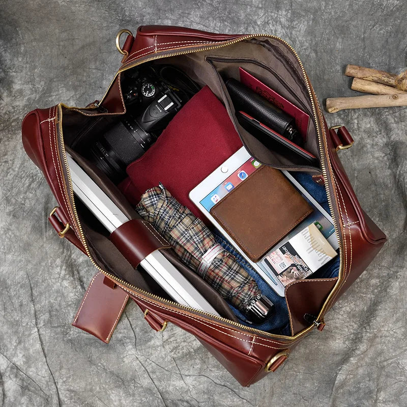 Real Leather Travel Hand Luggage - Lockable Top Grade Duffle Bag