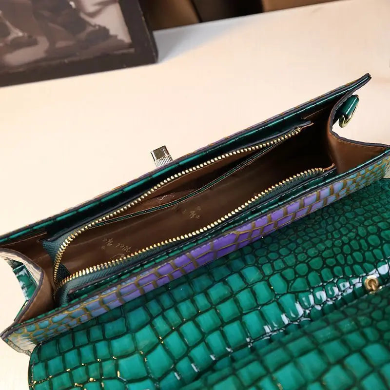 Crocodile Print Cowhide Leather Crossbody Bag