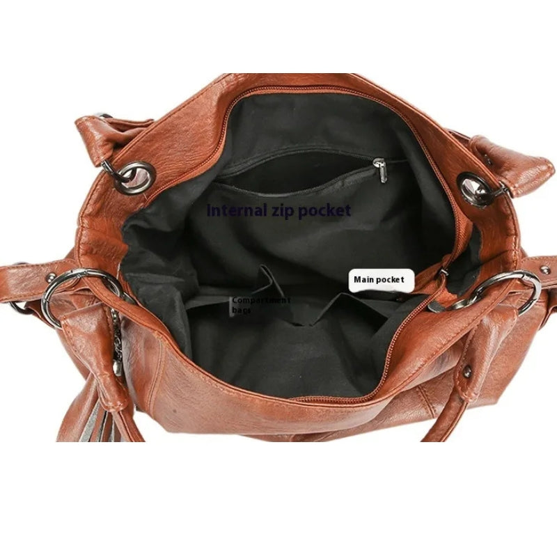 Large Capacity Soft Leather Stitching Handbag - American Retro Square Bag
