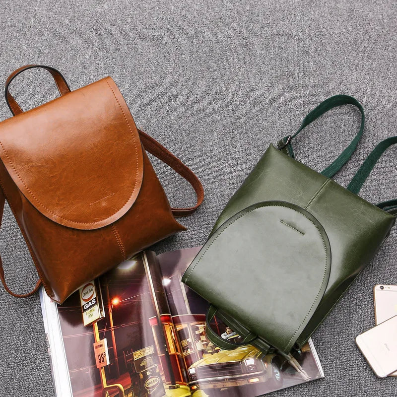 Oil Wax Cowhide Leather Backpack - Rucksack Knapsack CrossBody Bags