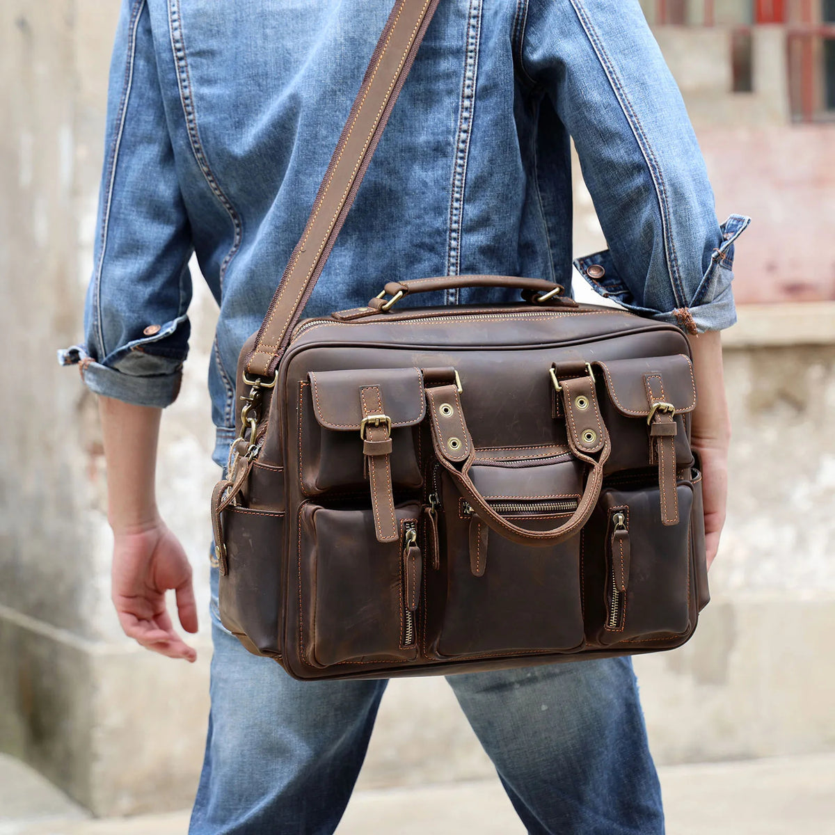 Men's Full Grain Leather Briefcase Laptop Bag