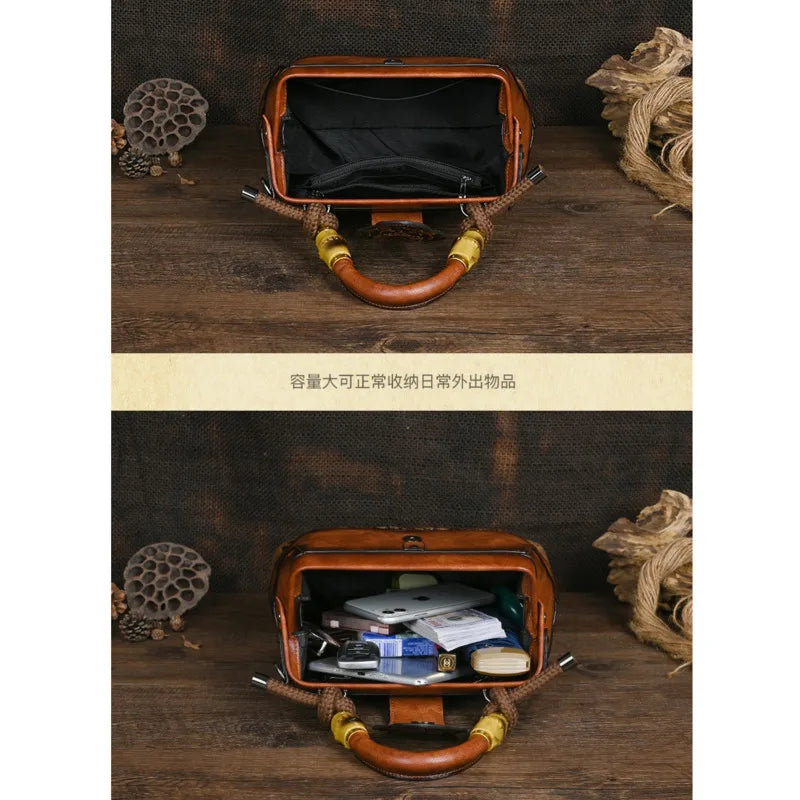 Women Leather Handmade Luxury Shoulder Handbag - Vintage Carved Ladies Bag