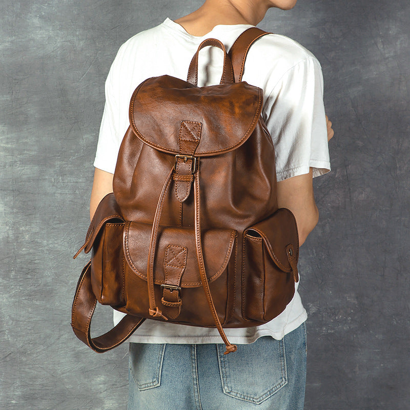 Geometric Pattern Genuine Leather Retro Backpack - Casual Soft Leather Hiking Bag