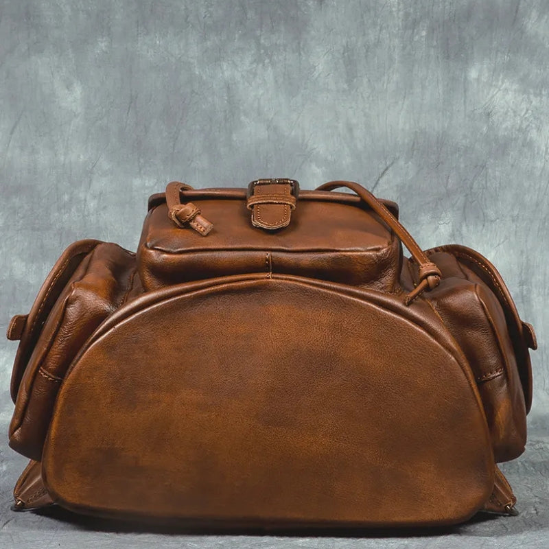 Geometric Pattern Genuine Leather Retro Backpack - Casual Soft Leather Hiking Bag