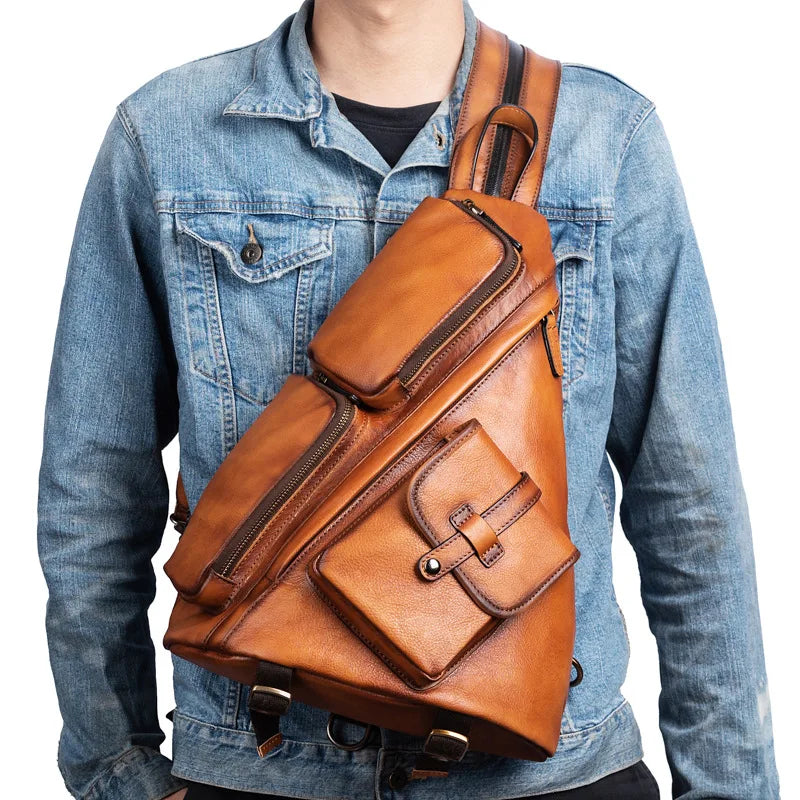 Genuine Leather Rucksack Travel Casual Retro Bag - Men Real Cowhide Zipper Backpacks