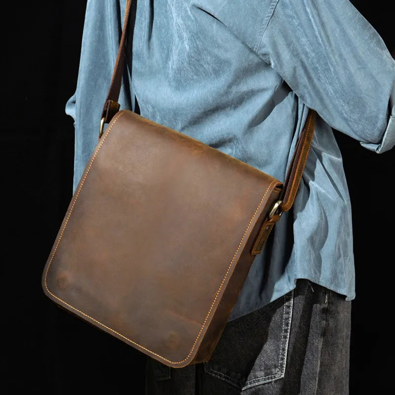Handmade Crazy Horse Leather Messenger Bag - Retro Men Leather Bags