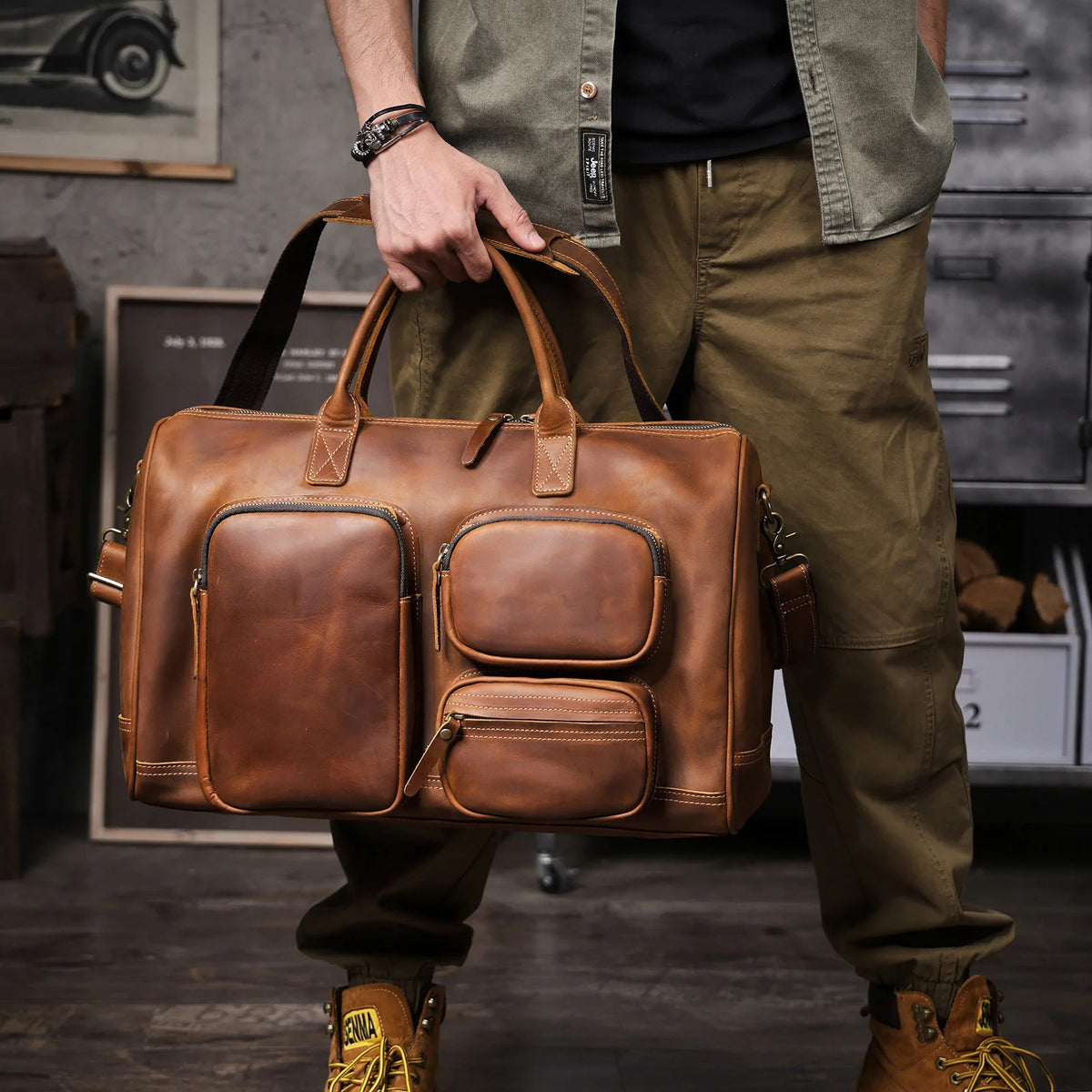 Men's Full Grain Leather Laptop Briefcase For Work