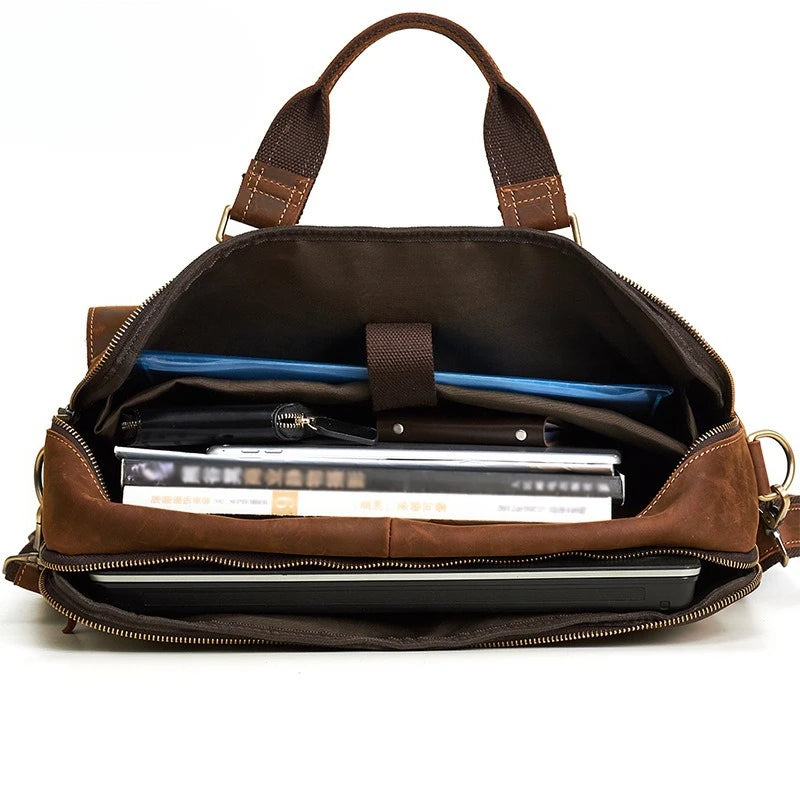 17 Inch Genuine Leather Men Briefcase - Vintage Stylish Zipper Handbag