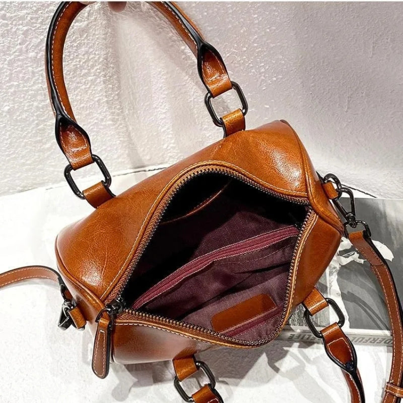 Cortex Lady Casual Zip Crossbody Bag - Top Grain Leather Cylinder Bag