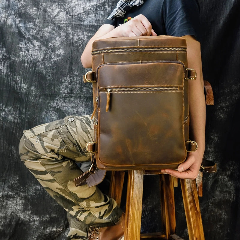 Vintage Crazy Horse Genuine Leather Backpack - Laptop Rucksack Student Bag