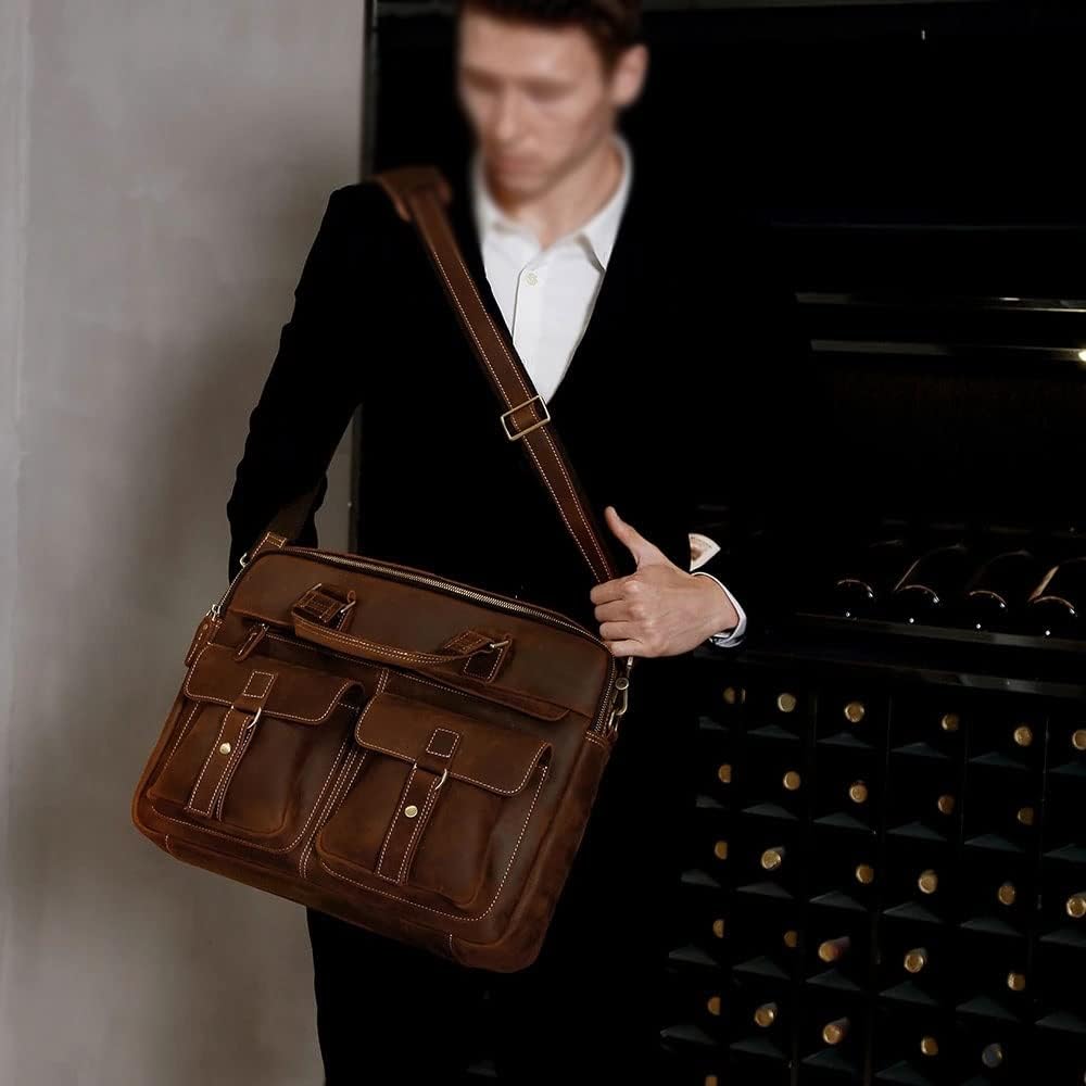 17 Inch Genuine Leather Men Briefcase - Vintage Stylish Zipper Handbag