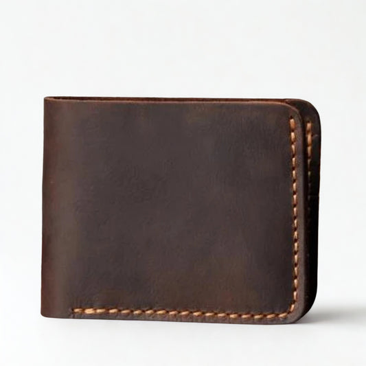 Vintage Crazy Horse Leather Short Wallet - Handmade Money Clip Purse