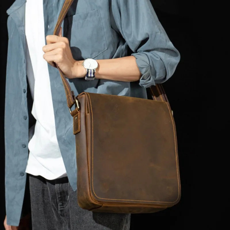 Handmade Crazy Horse Leather Messenger Bag - Retro Men Leather Bags
