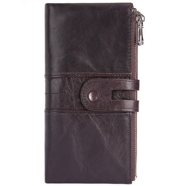 Women Genuine Cowhide Leather Clutch Wallet - Long Zipper Purse with Snap Button Closure