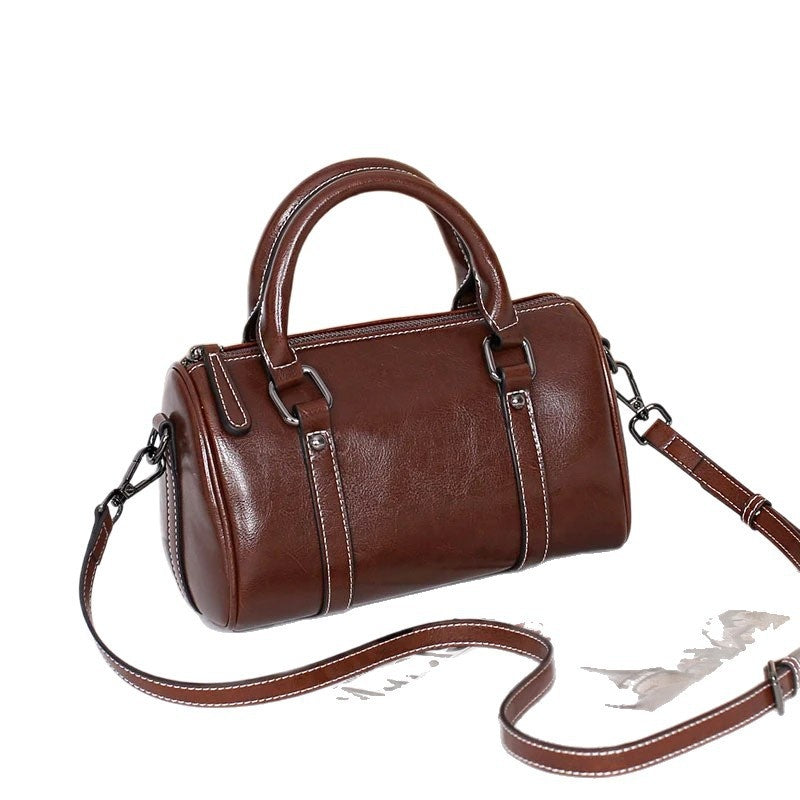 Cortex Lady Casual Zip Crossbody Bag - Top Grain Leather Cylinder Bag