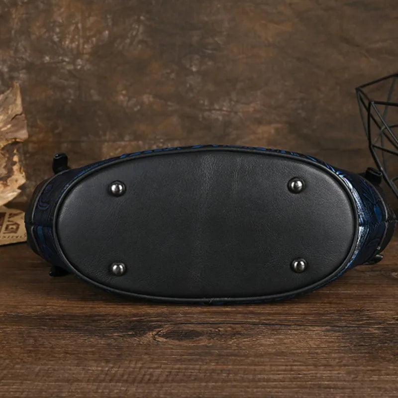 Women's Vintage Genuine Leather Handbag - Embossed Handmade Shoulder Bag