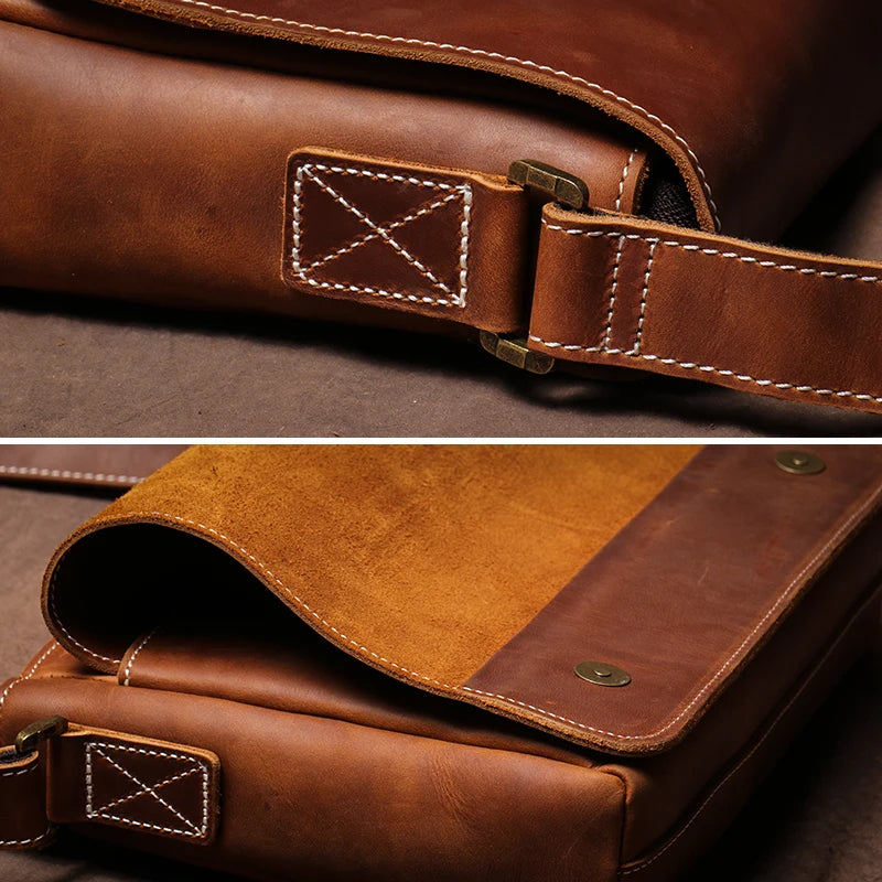 Crazy Horse Leather Messenger Bag - Men's Vintage Flap Crossbody Bags