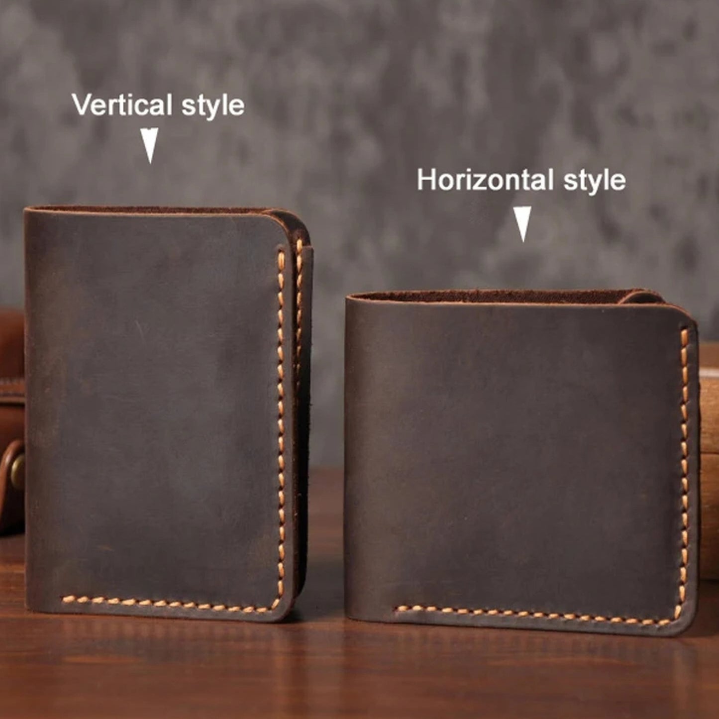 Vintage Crazy Horse Leather Short Wallet - Handmade Money Clip Purse