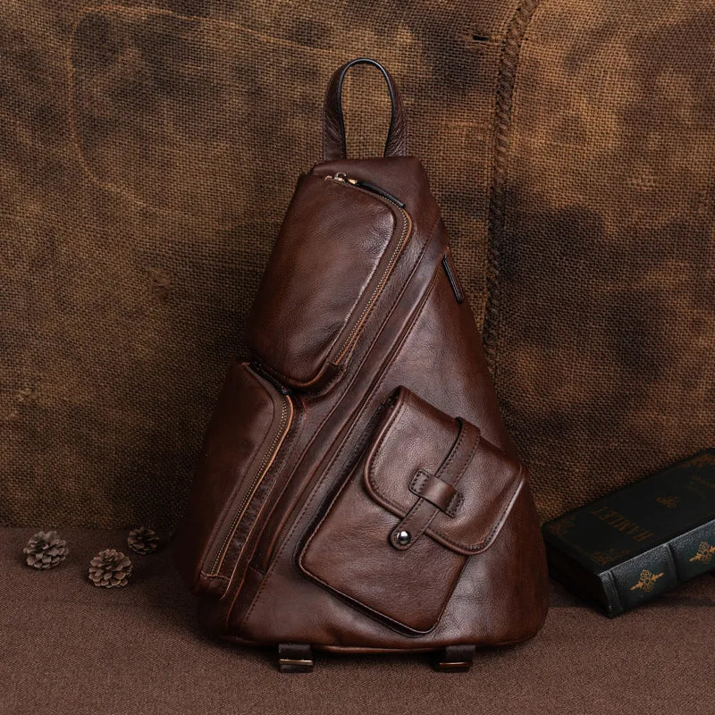 Genuine Leather Rucksack Travel Casual Retro Bag - Men Real Cowhide Zipper Backpacks