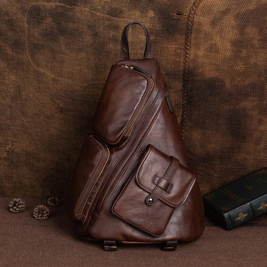 Genuine Leather Rucksack Travel Casual Retro Bag - Men Real Cowhide Zipper Backpacks