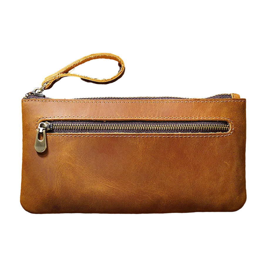 Brown leather wallet with a zipper on a white background