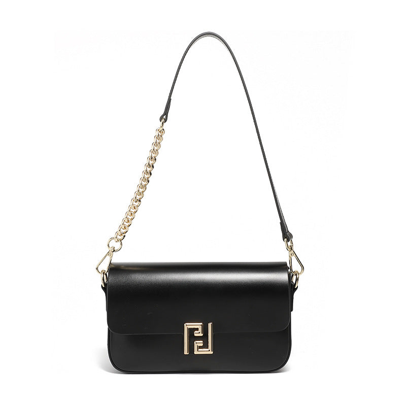 Genuine Leather Chain Flap Shoulder Bag - Cowhide Leather Lock Clasp Purse